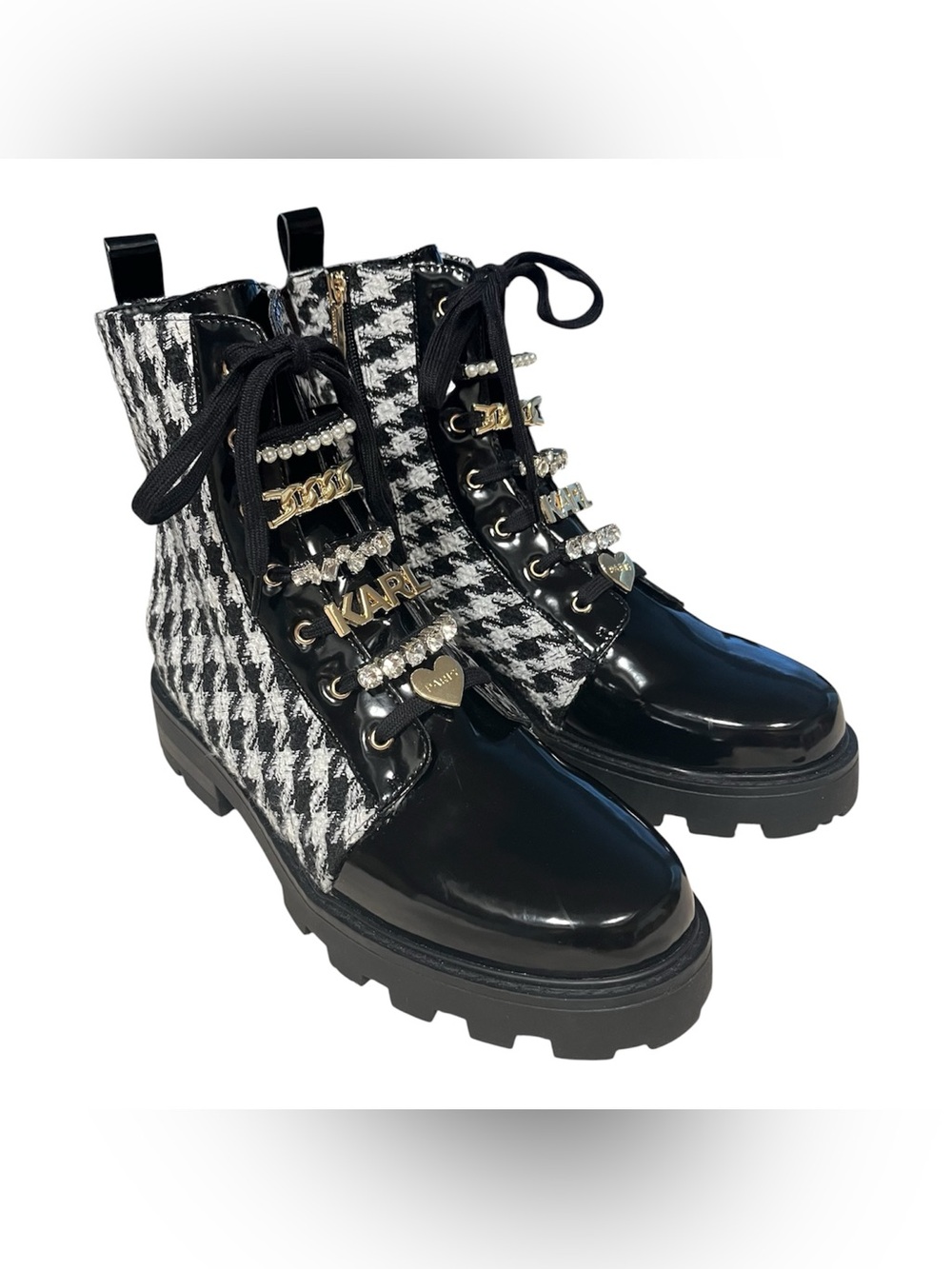 NEW Karl Lagerfeld Maple Tweed Black Check Women Sz 11 Lug Sole Combat Boot